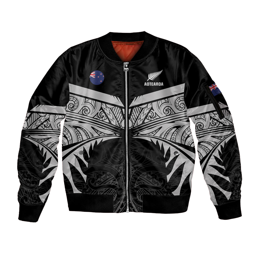 Custom New Zealand Cricket Sleeve Zip Bomber Jacket Go Champions World Cup 2024 With Maori Pattern LT05 Unisex Black - Polynesian Pride