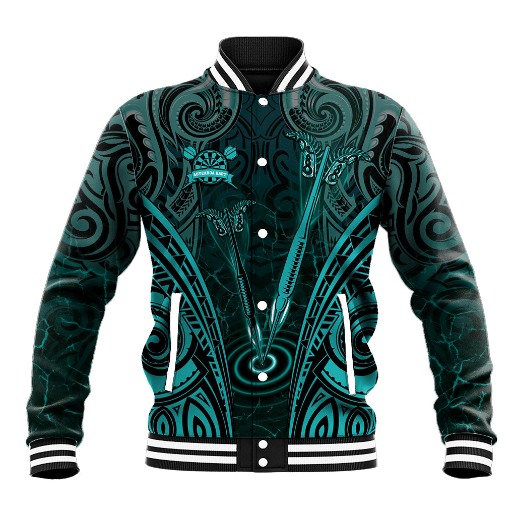 Personalised New Zealand Darts Baseball Jacket Turquoise Dart Board Maori Pattern