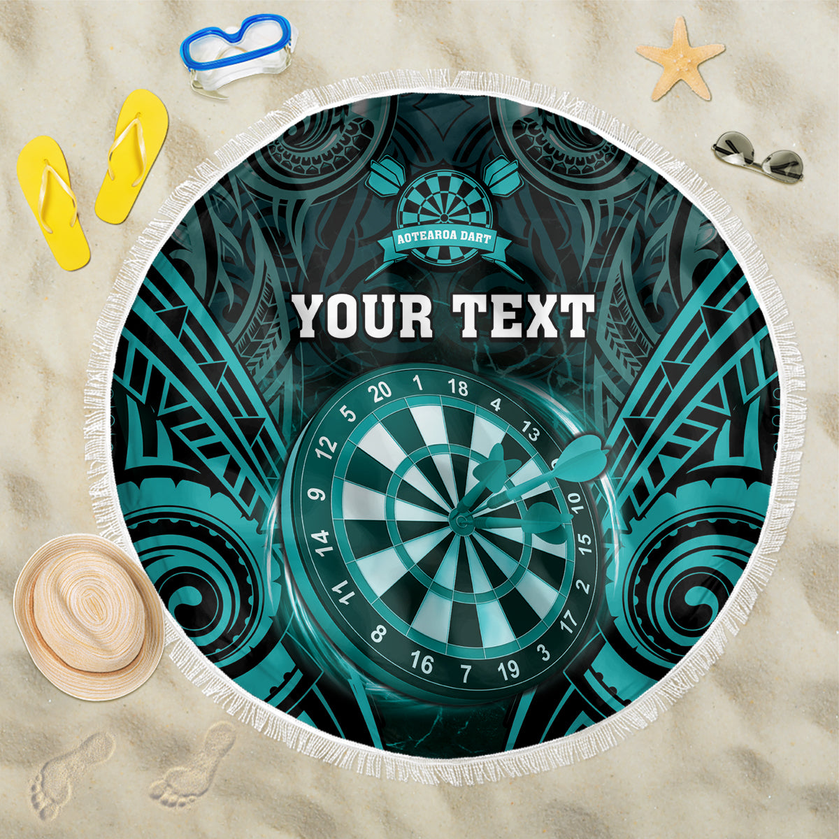 Personalised New Zealand Darts Beach Blanket Turquoise Dart Board Maori Pattern