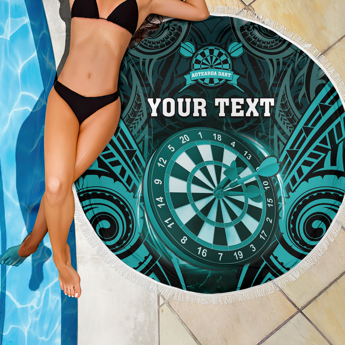 Personalised New Zealand Darts Beach Blanket Turquoise Dart Board Maori Pattern LT05 - Polynesian Pride