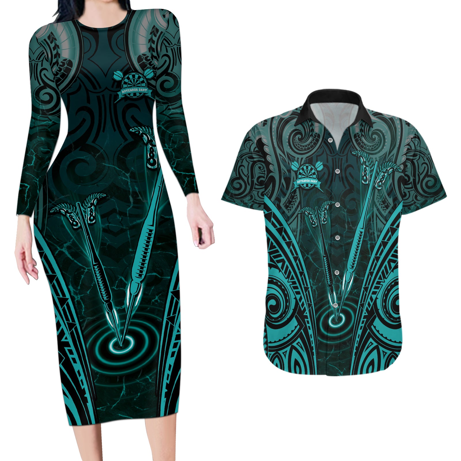 Personalised New Zealand Darts Couples Matching Long Sleeve Bodycon Dress and Hawaiian Shirt Turquoise Dart Board Maori Pattern LT05 Turquoise - Polynesian Pride