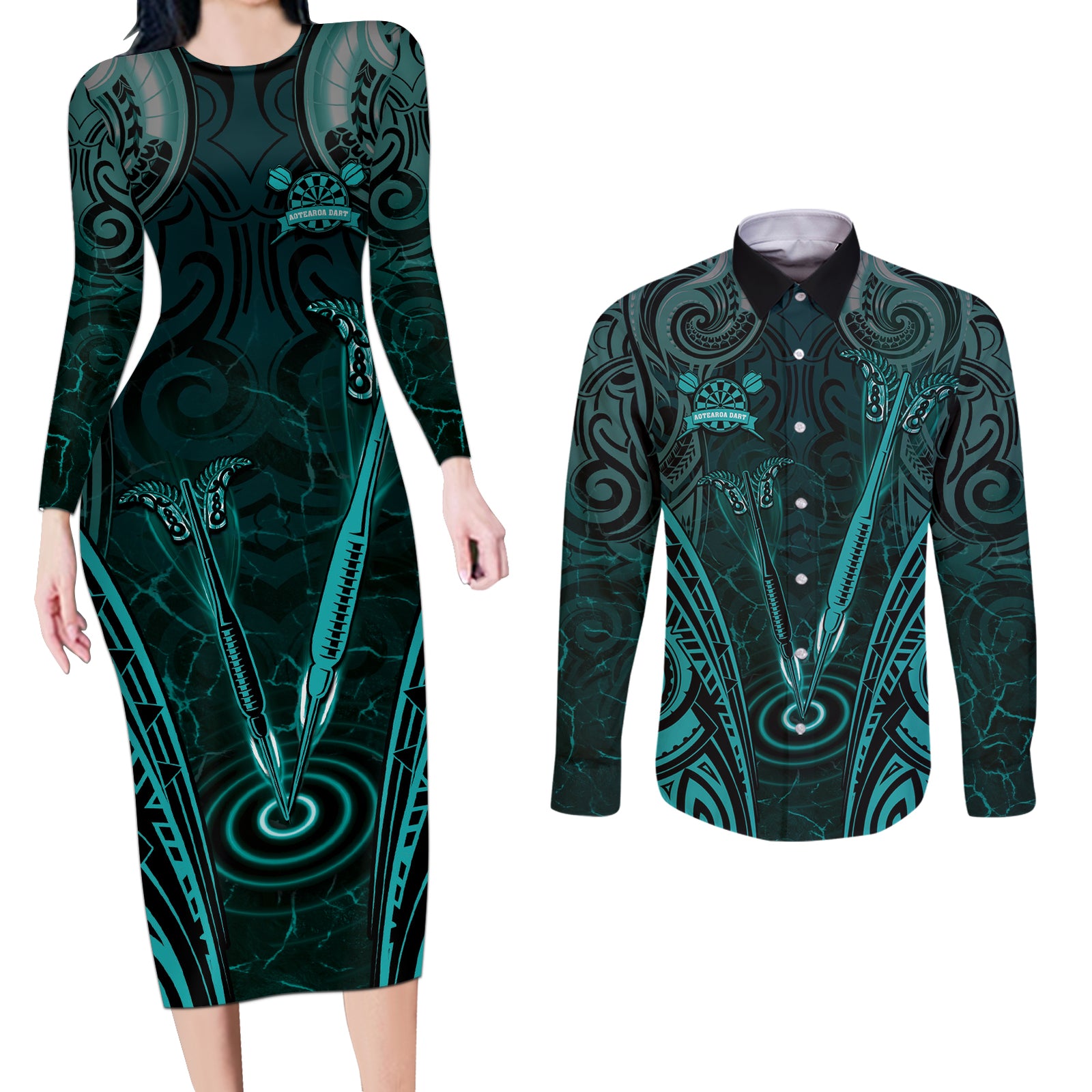 Personalised New Zealand Darts Couples Matching Long Sleeve Bodycon Dress and Long Sleeve Button Shirt Turquoise Dart Board Maori Pattern LT05 Turquoise - Polynesian Pride