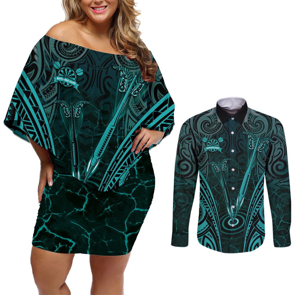 Personalised New Zealand Darts Couples Matching Off Shoulder Short Dress and Long Sleeve Button Shirt Turquoise Dart Board Maori Pattern