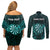 Personalised New Zealand Darts Couples Matching Off Shoulder Short Dress and Long Sleeve Button Shirt Turquoise Dart Board Maori Pattern