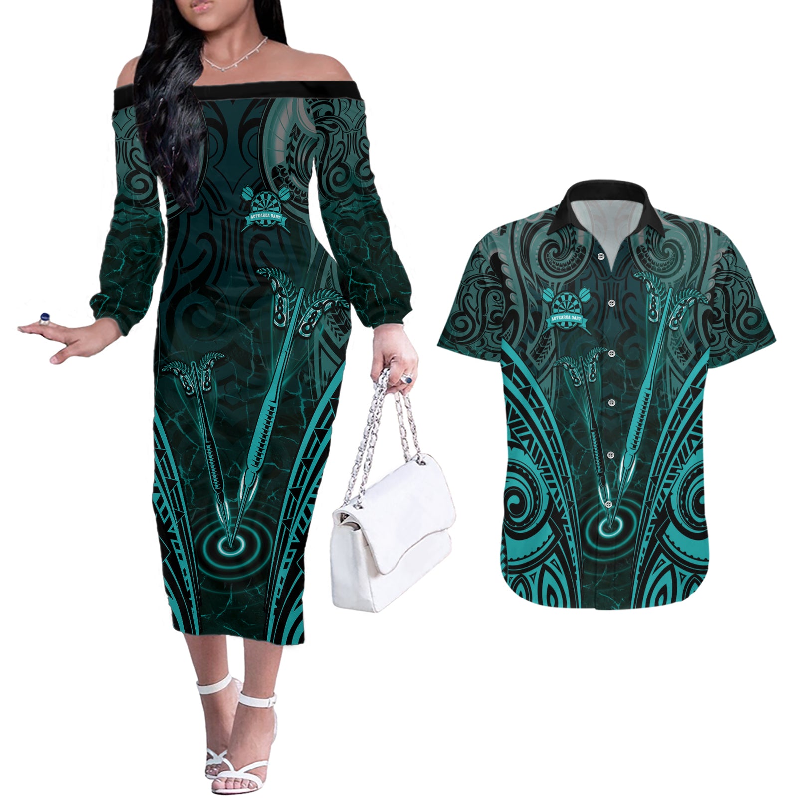 Personalised New Zealand Darts Couples Matching Off The Shoulder Long Sleeve Dress and Hawaiian Shirt Turquoise Dart Board Maori Pattern LT05 Turquoise - Polynesian Pride