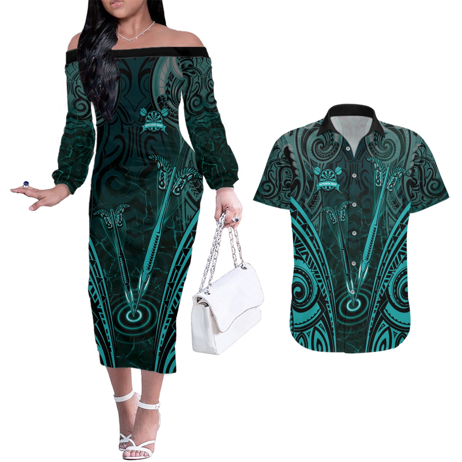 Personalised New Zealand Darts Couples Matching Off The Shoulder Long Sleeve Dress and Hawaiian Shirt Turquoise Dart Board Maori Pattern