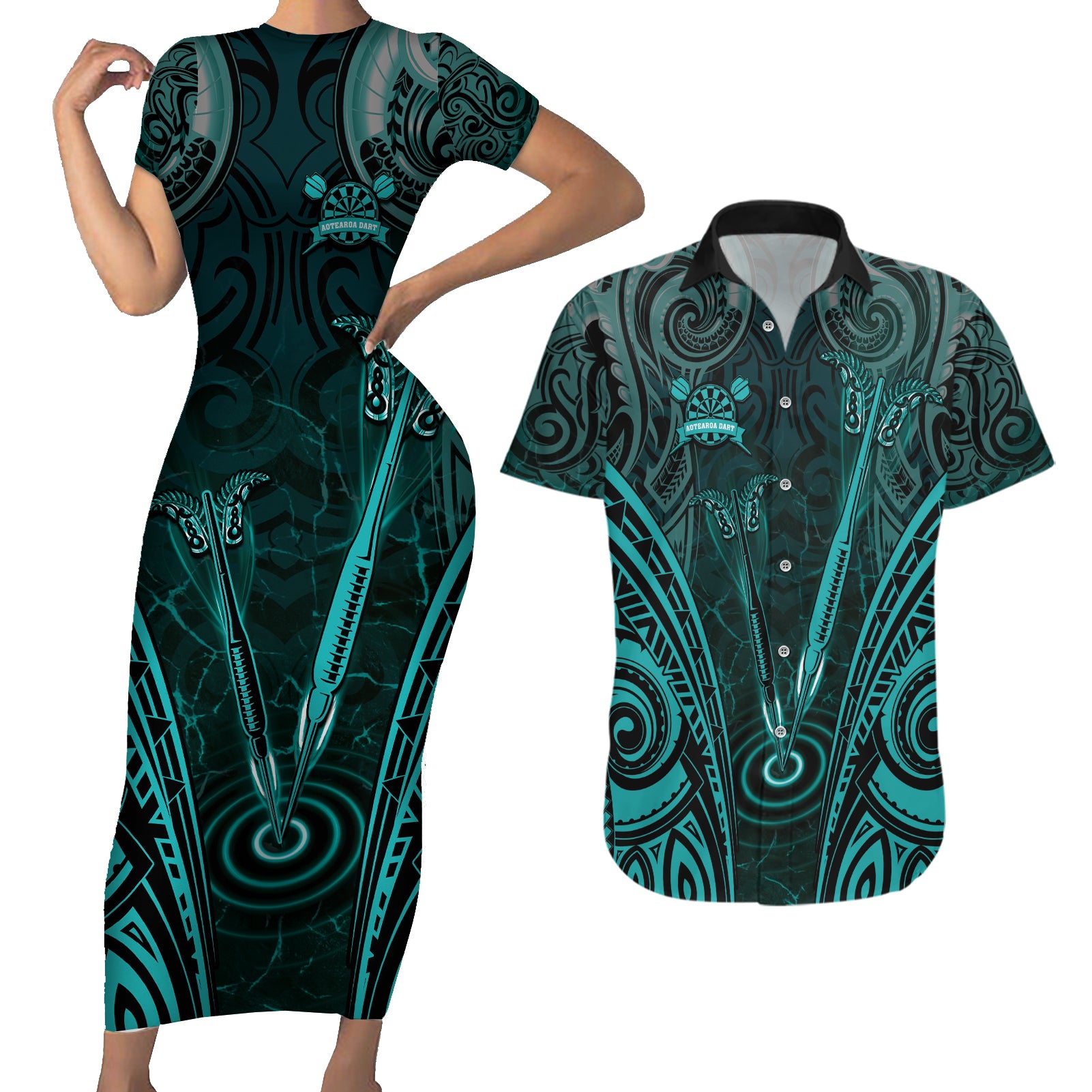 Personalised New Zealand Darts Couples Matching Short Sleeve Bodycon Dress and Hawaiian Shirt Turquoise Dart Board Maori Pattern