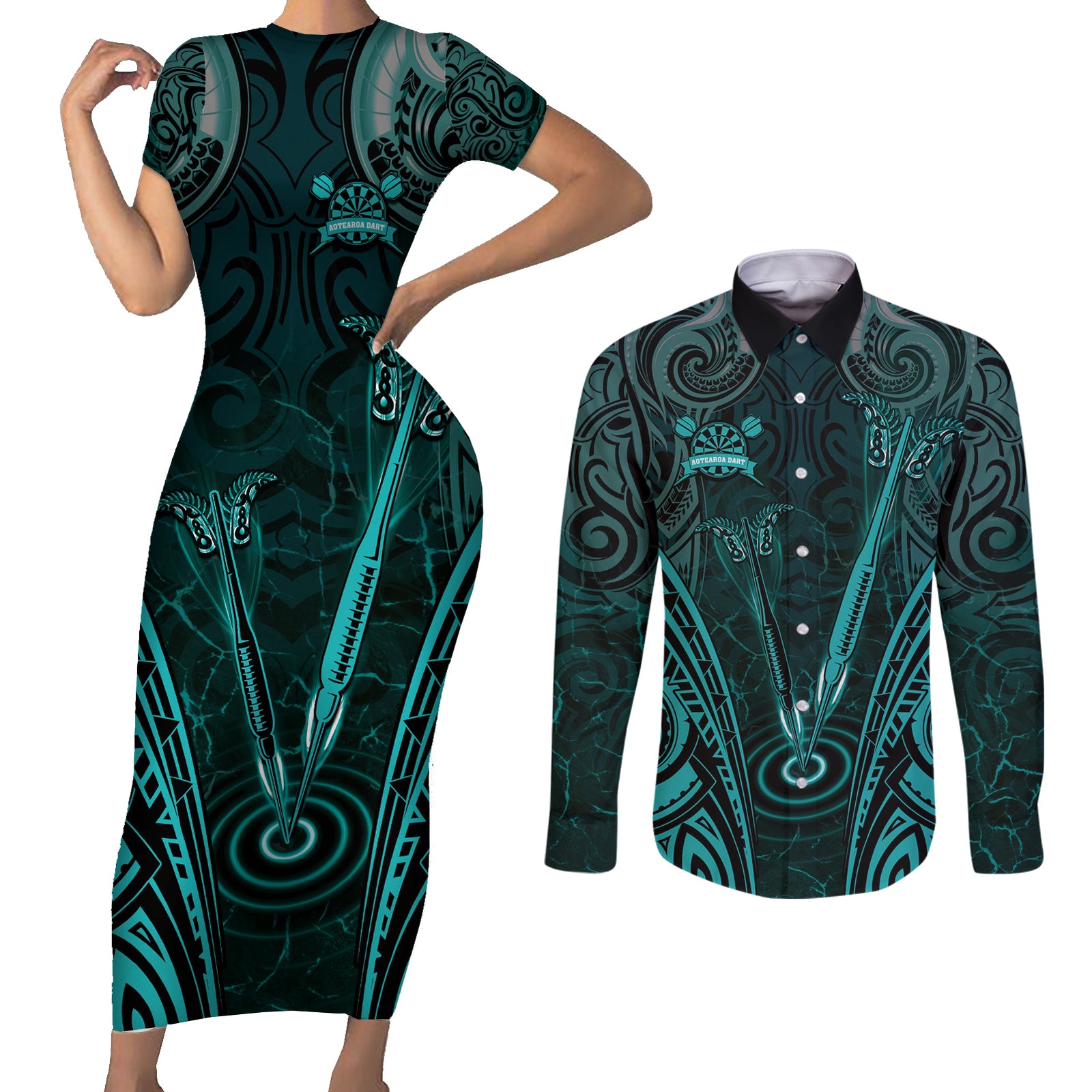 Personalised New Zealand Darts Couples Matching Short Sleeve Bodycon Dress and Long Sleeve Button Shirt Turquoise Dart Board Maori Pattern LT05 Turquoise - Polynesian Pride