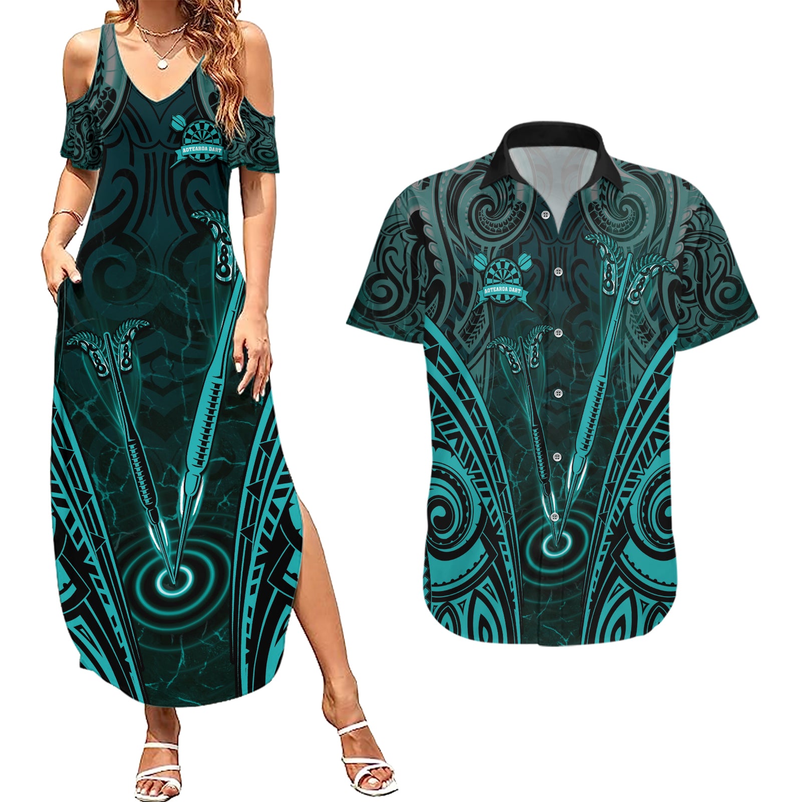 Personalised New Zealand Darts Couples Matching Summer Maxi Dress and Hawaiian Shirt Turquoise Dart Board Maori Pattern