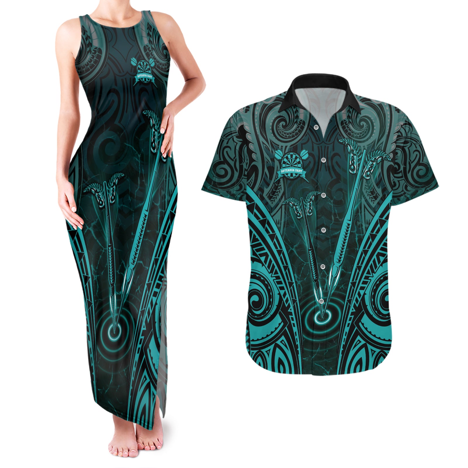 Personalised New Zealand Darts Couples Matching Tank Maxi Dress and Hawaiian Shirt Turquoise Dart Board Maori Pattern