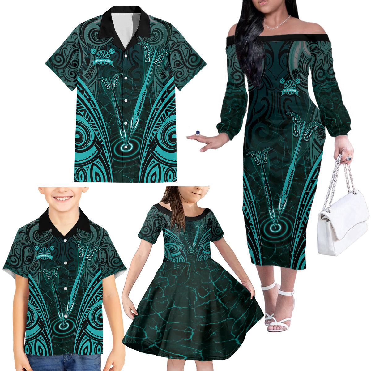 Personalised New Zealand Darts Family Matching Off The Shoulder Long Sleeve Dress and Hawaiian Shirt Turquoise Dart Board Maori Pattern