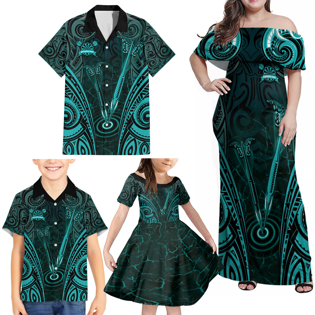 Personalised New Zealand Darts Family Matching Off Shoulder Maxi Dress and Hawaiian Shirt Turquoise Dart Board Maori Pattern LT05 - Polynesian Pride