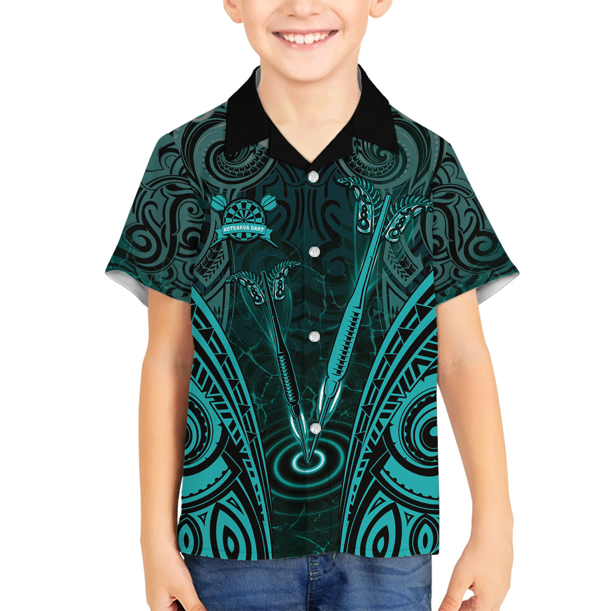 Personalised New Zealand Darts Family Matching Off Shoulder Maxi Dress and Hawaiian Shirt Turquoise Dart Board Maori Pattern