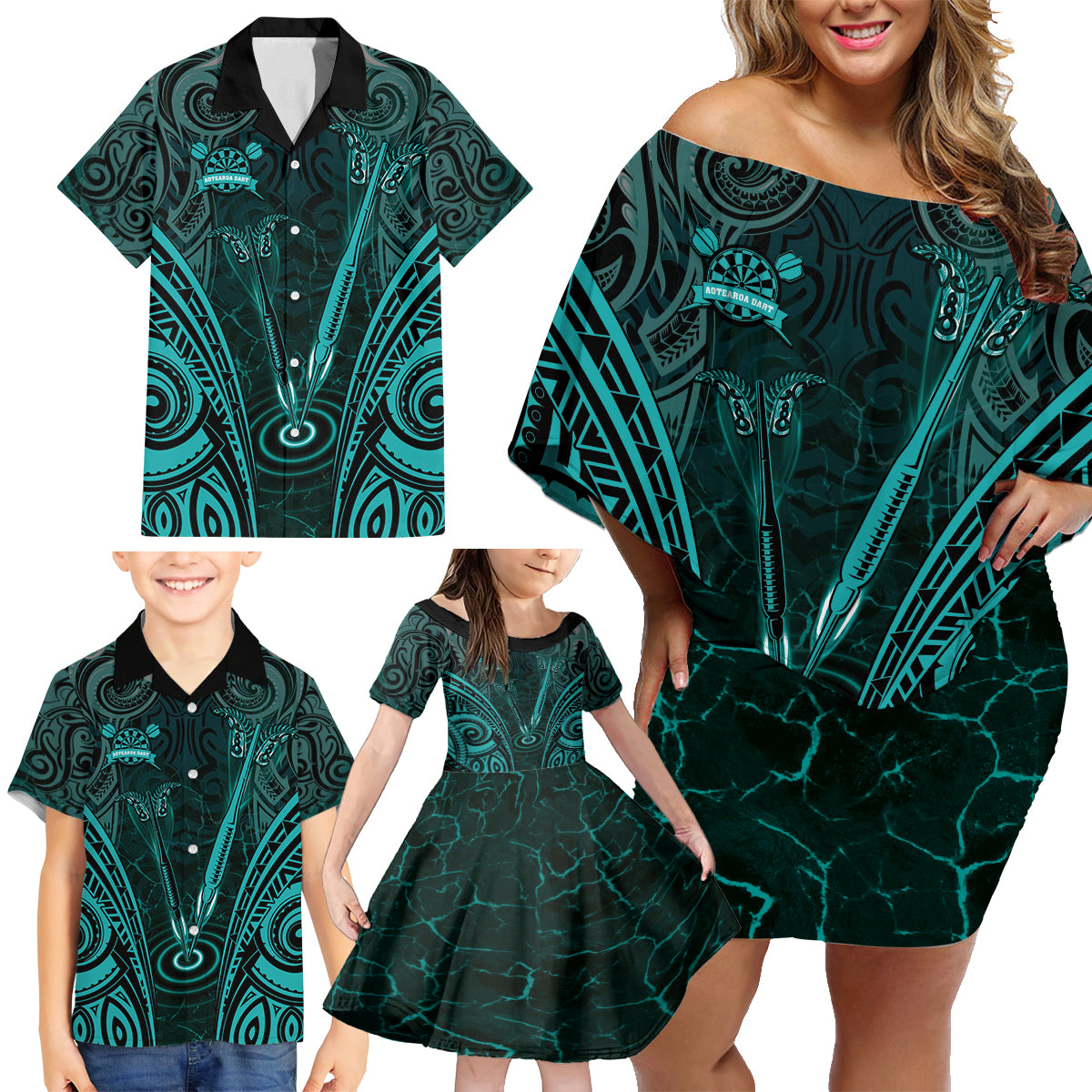 Personalised New Zealand Darts Family Matching Off Shoulder Short Dress and Hawaiian Shirt Turquoise Dart Board Maori Pattern LT05 - Polynesian Pride