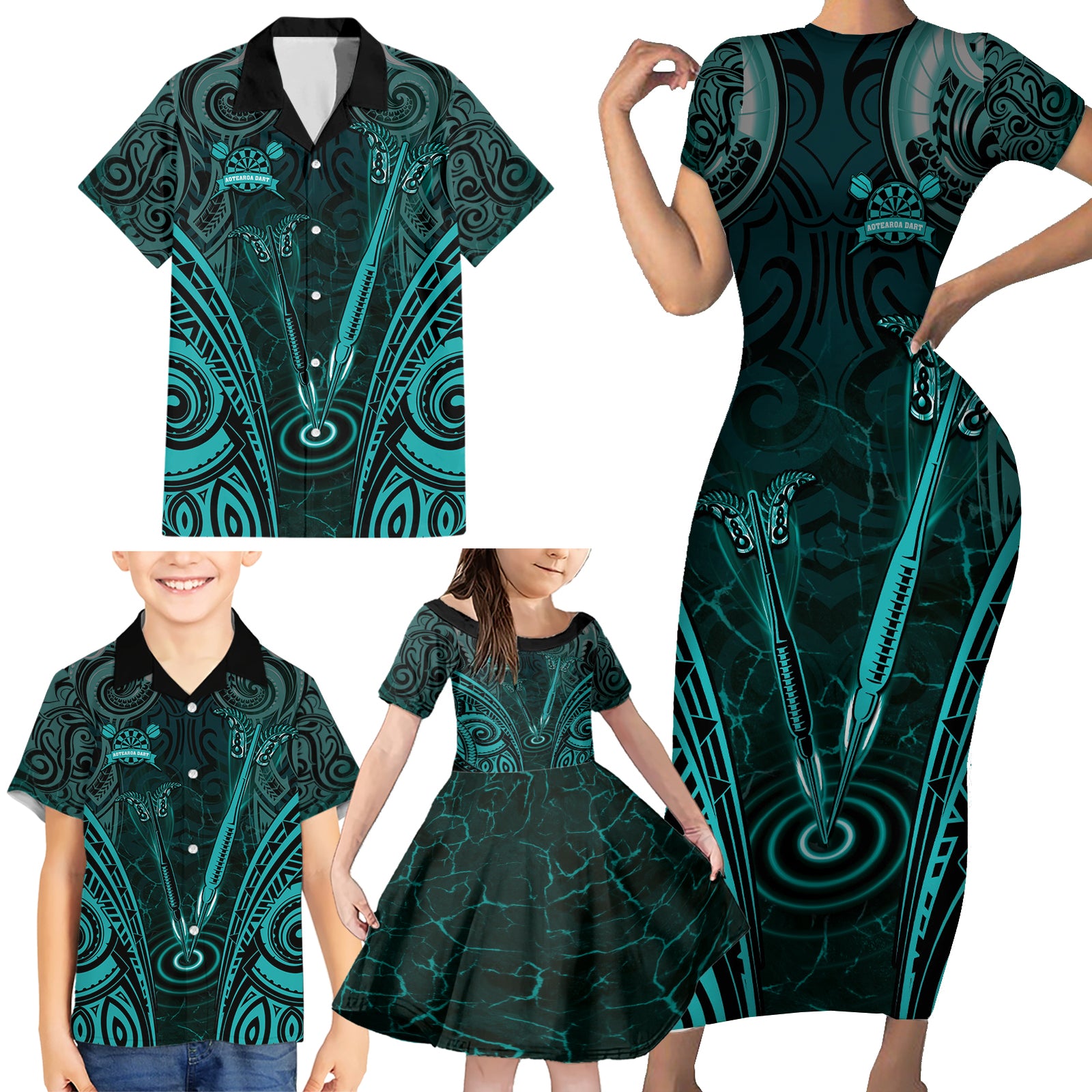 Personalised New Zealand Darts Family Matching Short Sleeve Bodycon Dress and Hawaiian Shirt Turquoise Dart Board Maori Pattern LT05 - Polynesian Pride