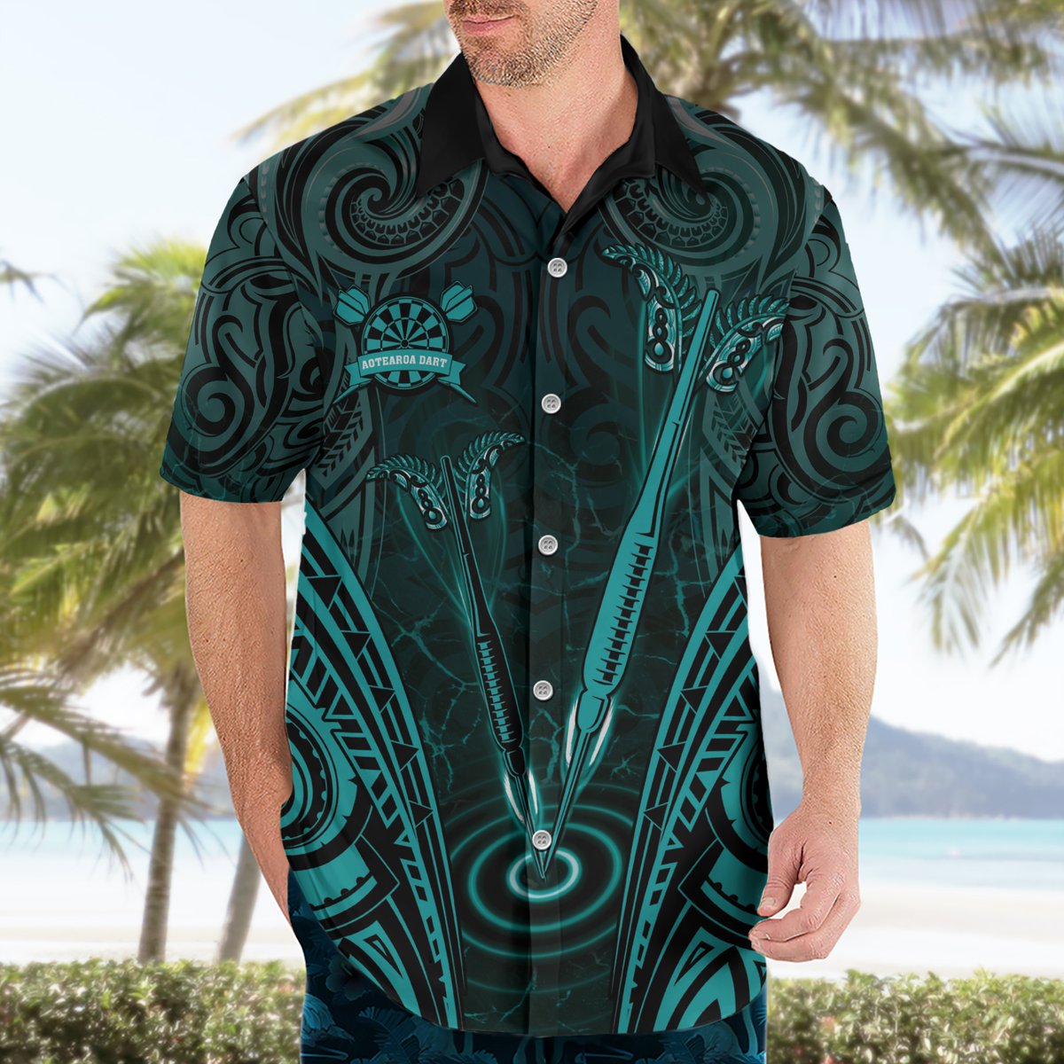 Personalised New Zealand Darts Hawaiian Shirt Turquoise Dart Board Maori Pattern LT05 - Polynesian Pride