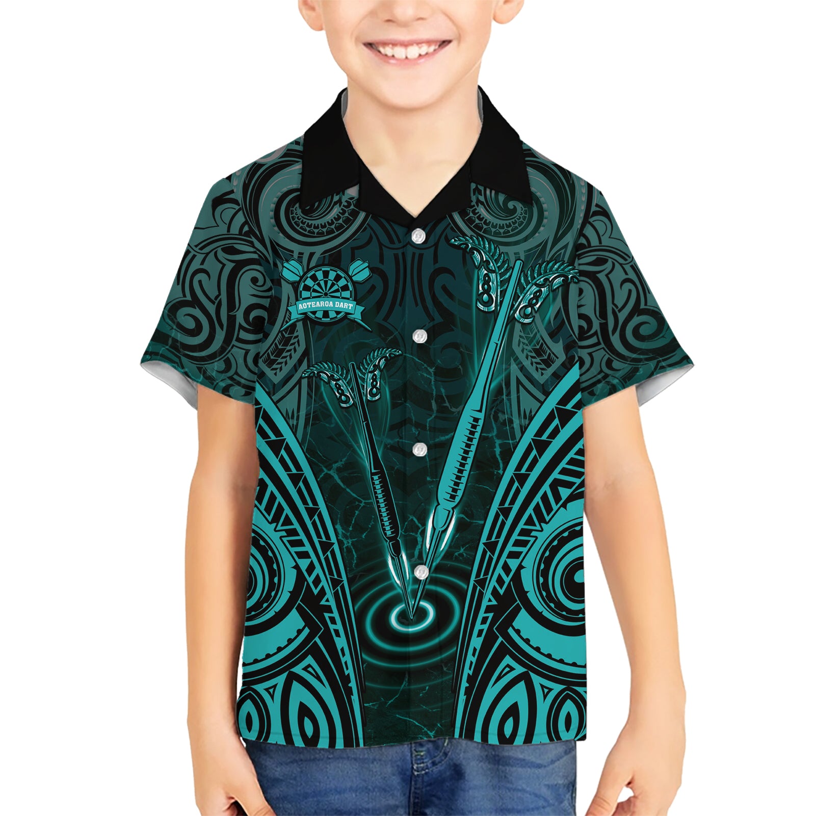 Personalised New Zealand Darts Kid Hawaiian Shirt Turquoise Dart Board Maori Pattern