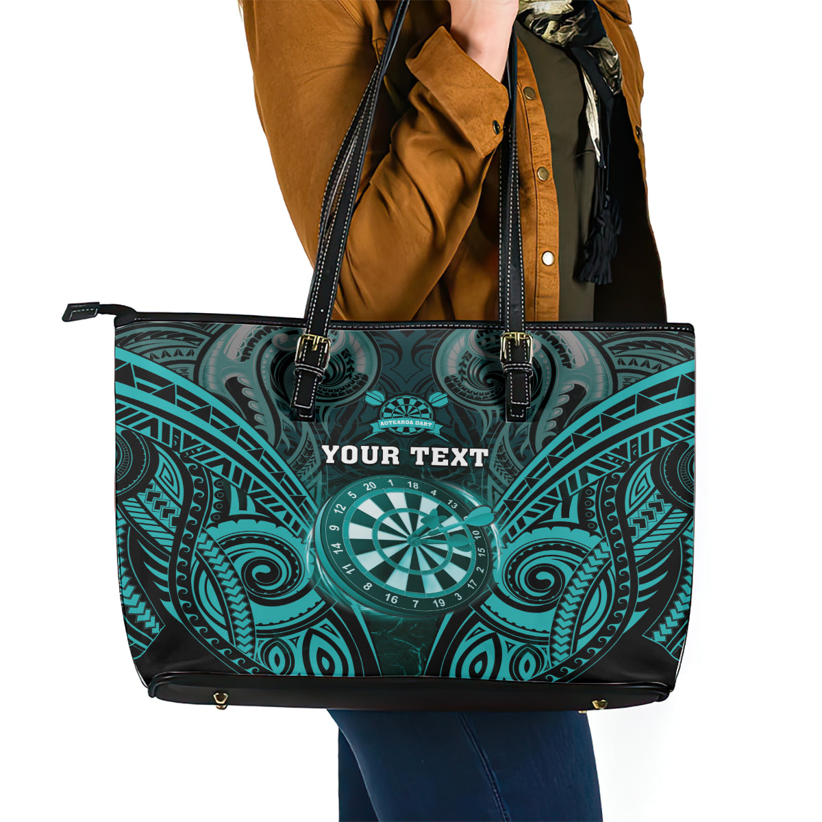 Personalised New Zealand Darts Leather Tote Bag Turquoise Dart Board Maori Pattern LT05 - Polynesian Pride