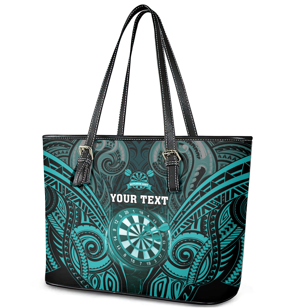 Personalised New Zealand Darts Leather Tote Bag Turquoise Dart Board Maori Pattern LT05 - Polynesian Pride