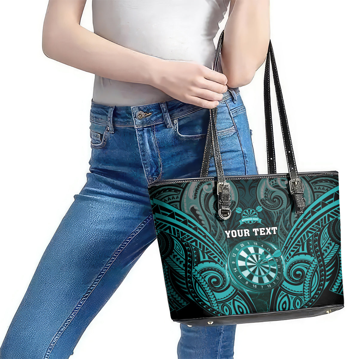Personalised New Zealand Darts Leather Tote Bag Turquoise Dart Board Maori Pattern LT05 - Polynesian Pride
