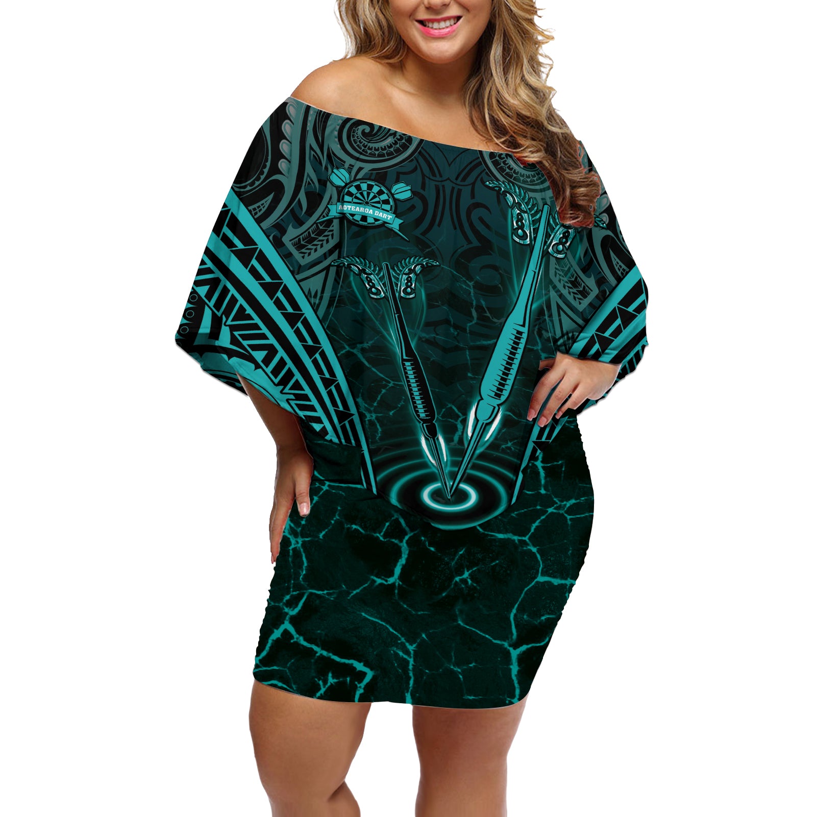 Personalised New Zealand Darts Off Shoulder Short Dress Turquoise Dart Board Maori Pattern