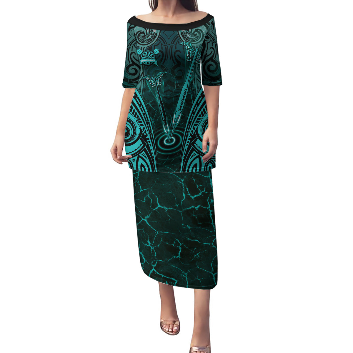 Personalised New Zealand Darts Puletasi Turquoise Dart Board Maori Pattern LT05 Long Dress Turquoise - Polynesian Pride
