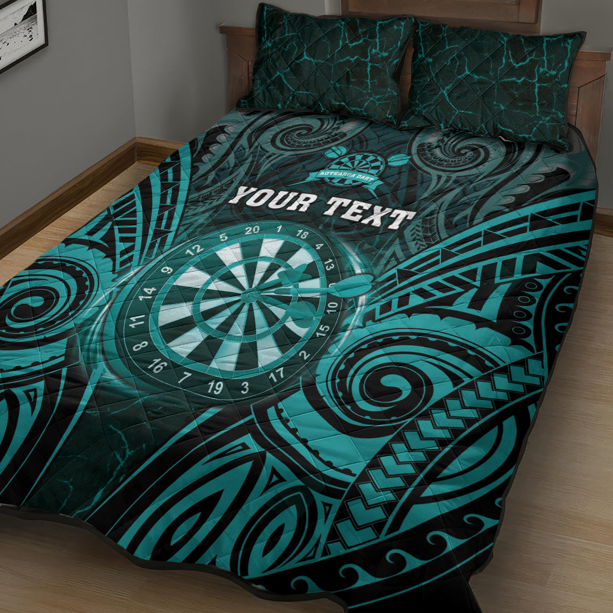 Personalised New Zealand Darts Quilt Bed Set Turquoise Dart Board Maori Pattern