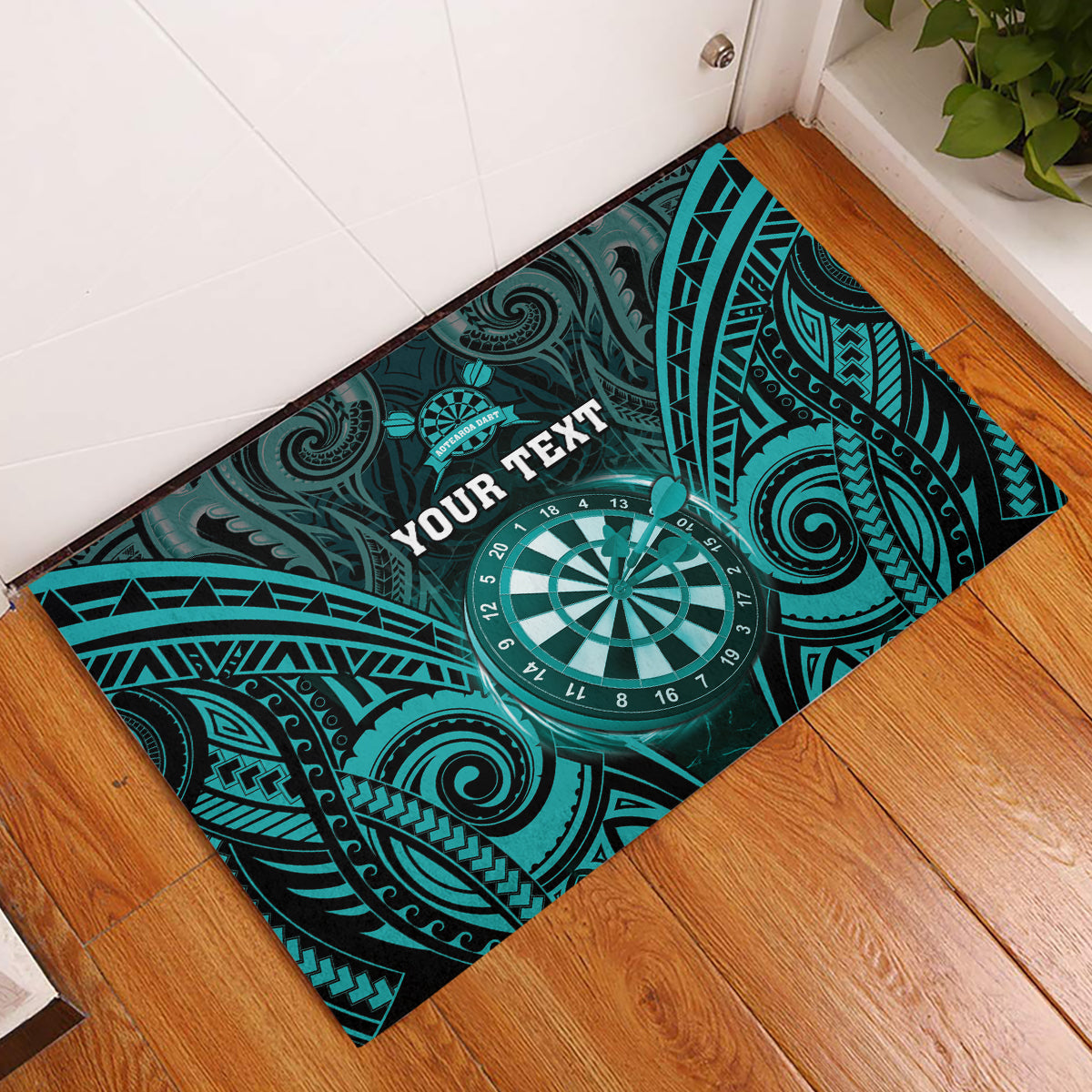 Personalised New Zealand Darts Rubber Doormat Turquoise Dart Board Maori Pattern