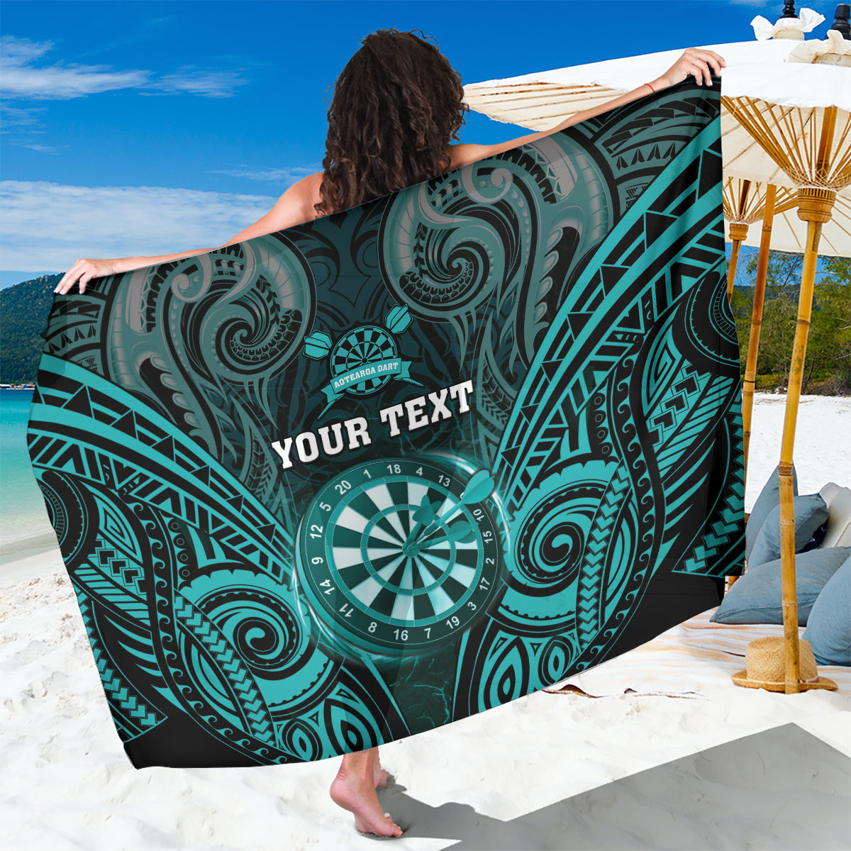 Personalised New Zealand Darts Sarong Turquoise Dart Board Maori Pattern