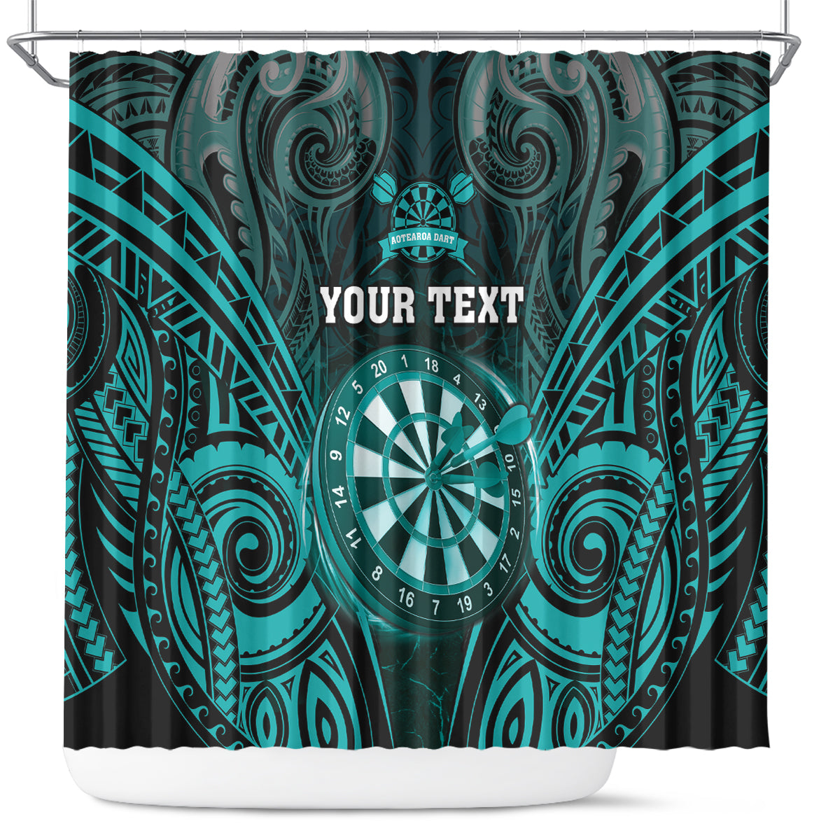 Personalised New Zealand Darts Shower Curtain Turquoise Dart Board Maori Pattern