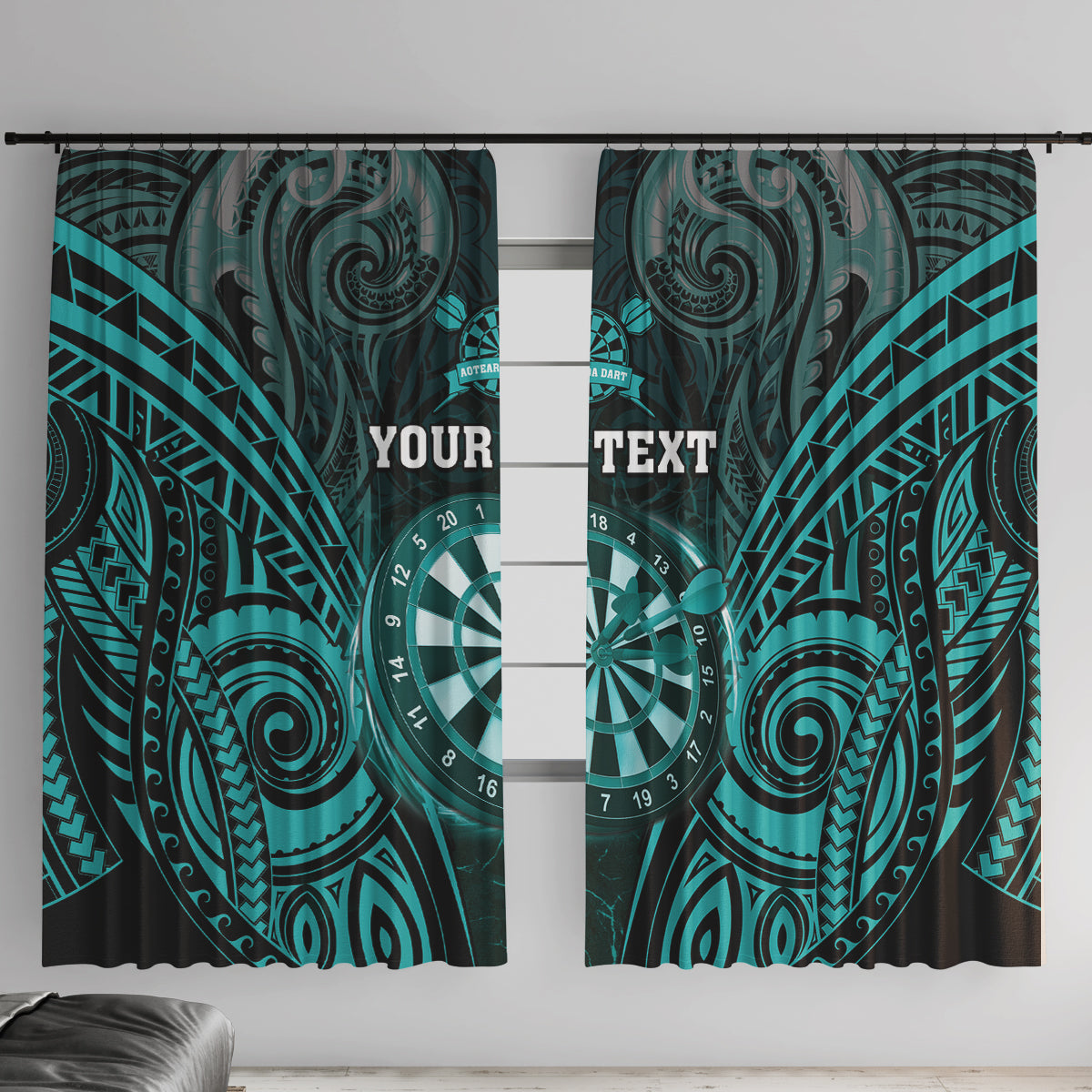 Personalised New Zealand Darts Window Curtain Turquoise Dart Board Maori Pattern LT05 With Hooks Turquoise - Polynesian Pride