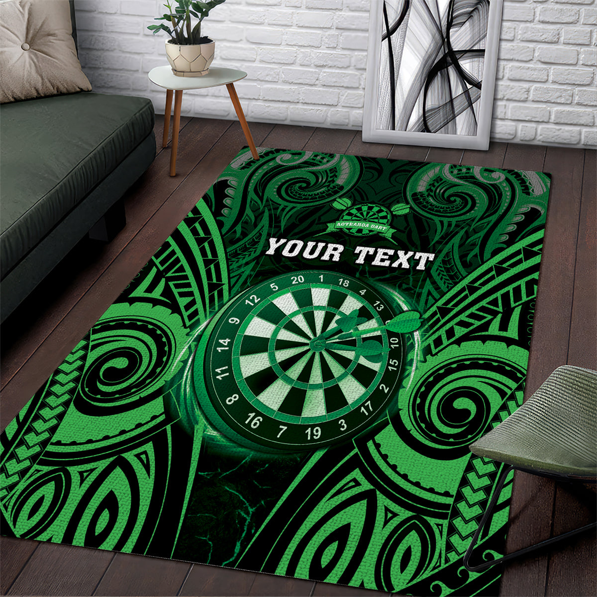 Personalised New Zealand Darts Area Rug Green Dart Board Maori Pattern