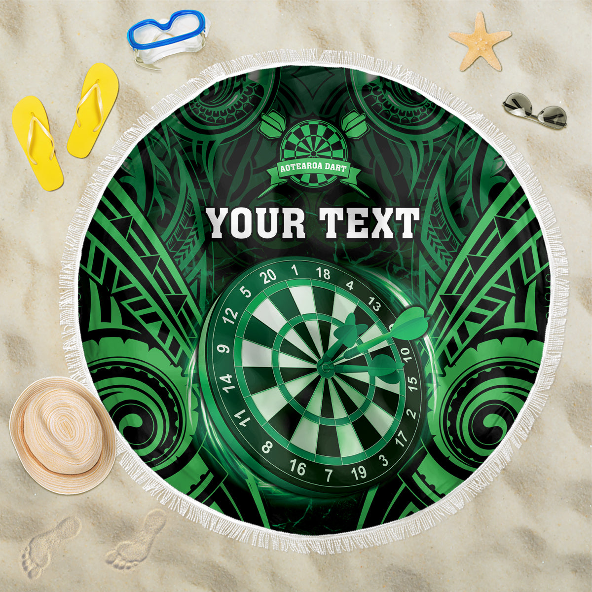 Personalised New Zealand Darts Beach Blanket Green Dart Board Maori Pattern