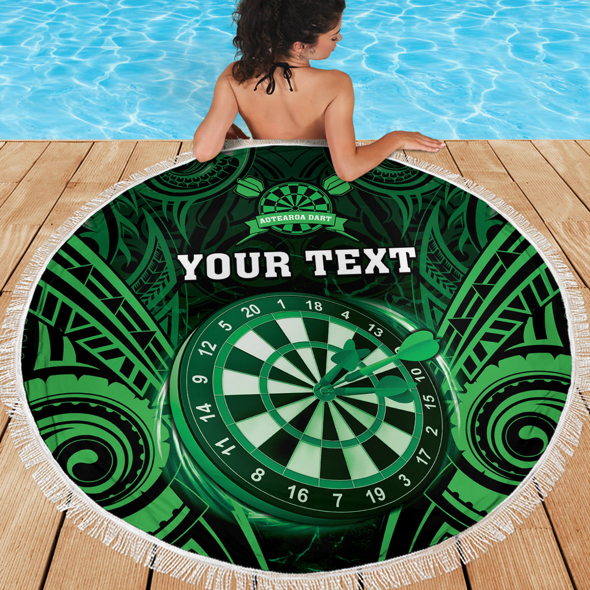 Personalised New Zealand Darts Beach Blanket Green Dart Board Maori Pattern LT05 - Polynesian Pride