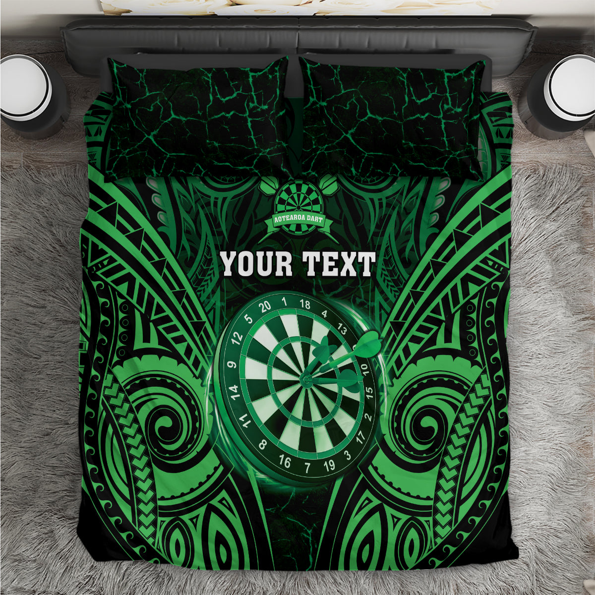 Personalised New Zealand Darts Bedding Set Green Dart Board Maori Pattern