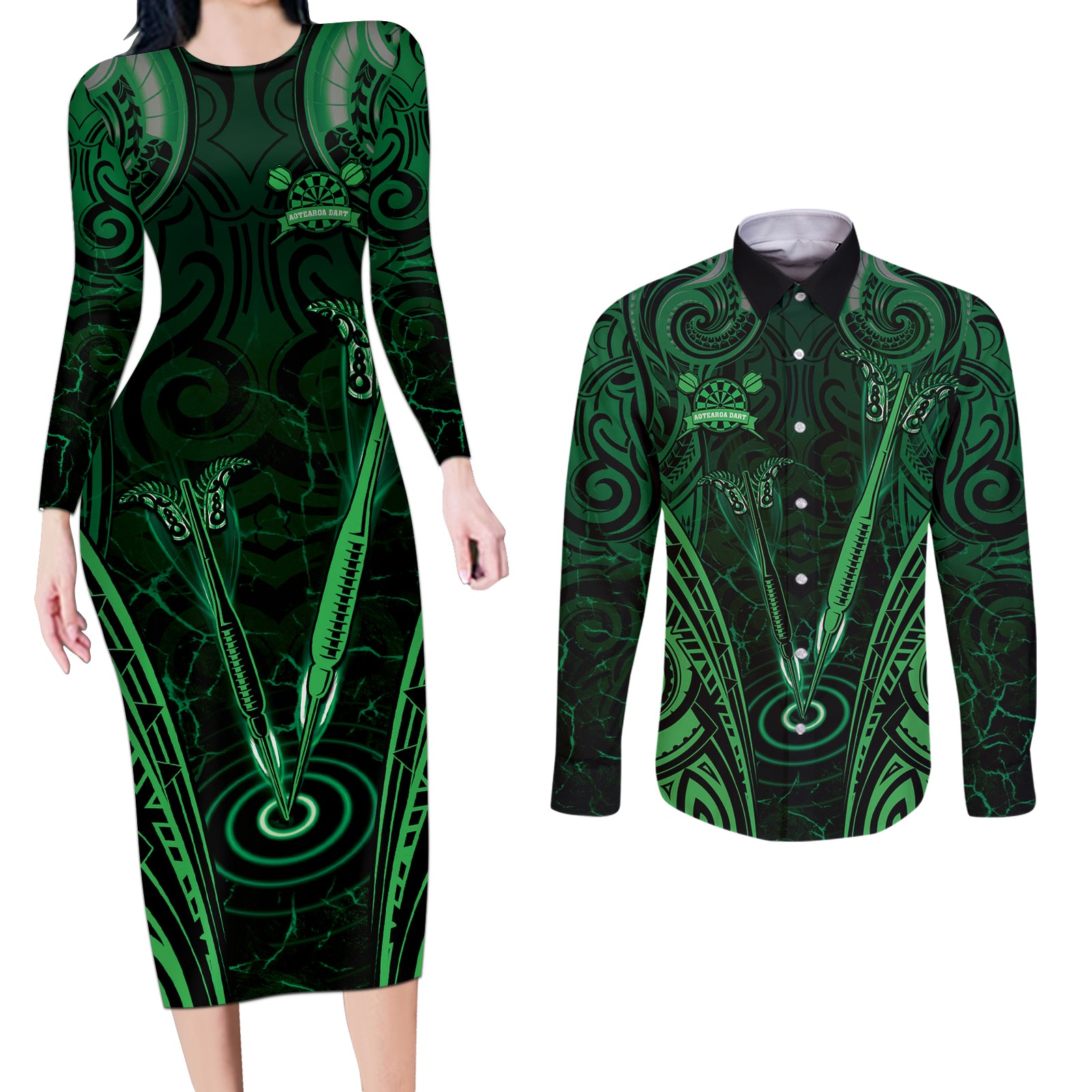 Personalised New Zealand Darts Couples Matching Long Sleeve Bodycon Dress and Long Sleeve Button Shirt Green Dart Board Maori Pattern LT05 Green - Polynesian Pride