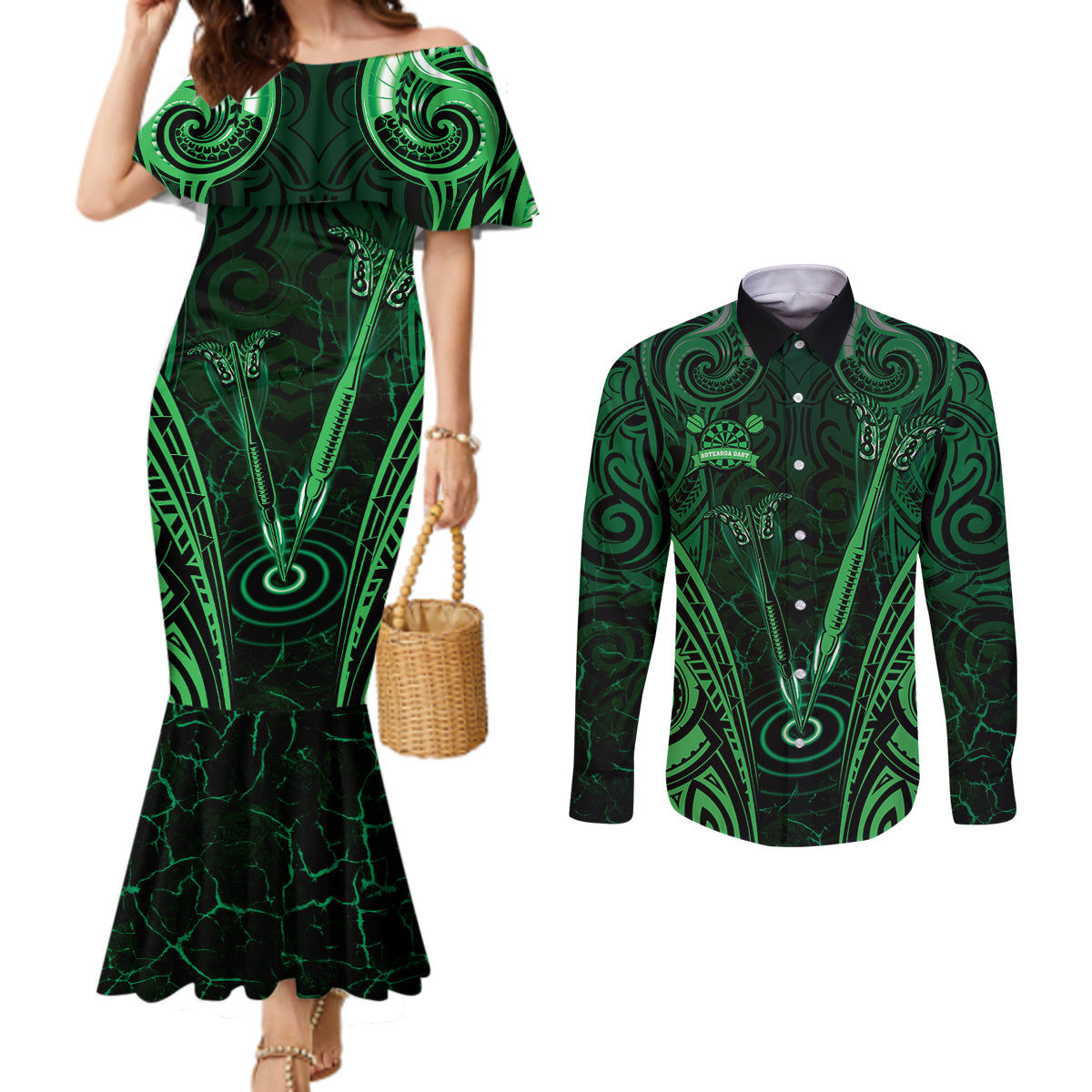 Personalised New Zealand Darts Couples Matching Mermaid Dress and Long Sleeve Button Shirt Green Dart Board Maori Pattern