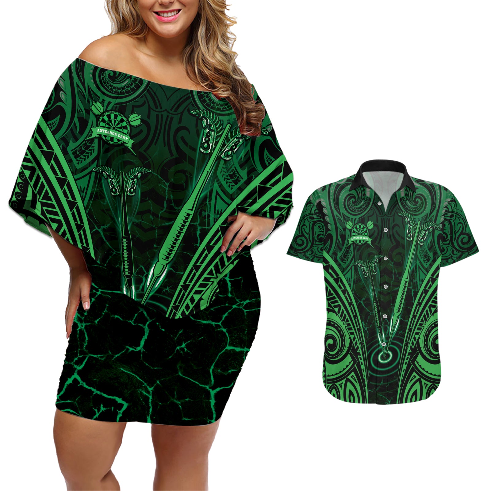 Personalised New Zealand Darts Couples Matching Off Shoulder Short Dress and Hawaiian Shirt Green Dart Board Maori Pattern