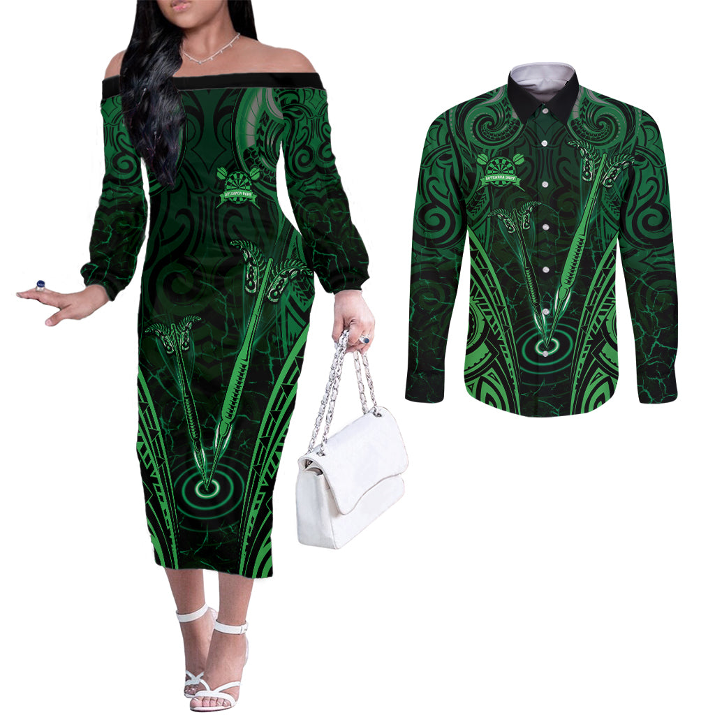 Personalised New Zealand Darts Couples Matching Off The Shoulder Long Sleeve Dress and Long Sleeve Button Shirt Green Dart Board Maori Pattern