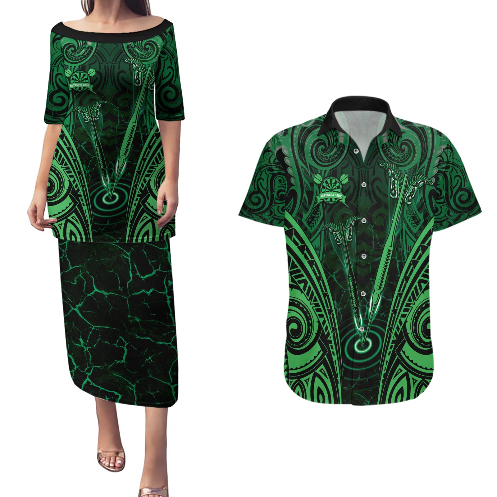 Personalised New Zealand Darts Couples Matching Puletasi and Hawaiian Shirt Green Dart Board Maori Pattern LT05 Green - Polynesian Pride