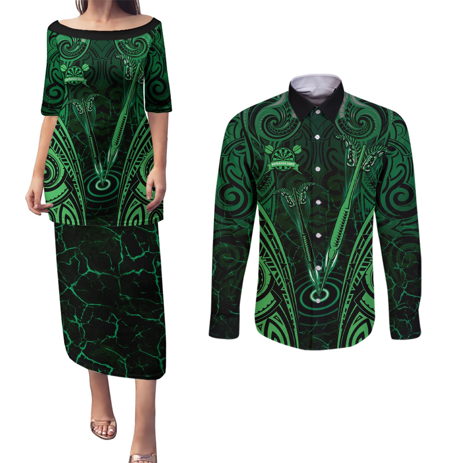 Personalised New Zealand Darts Couples Matching Puletasi and Long Sleeve Button Shirt Green Dart Board Maori Pattern