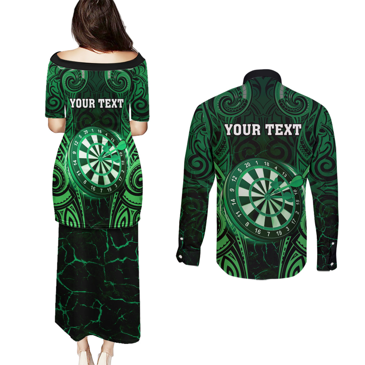 Personalised New Zealand Darts Couples Matching Puletasi and Long Sleeve Button Shirt Green Dart Board Maori Pattern LT05 - Polynesian Pride
