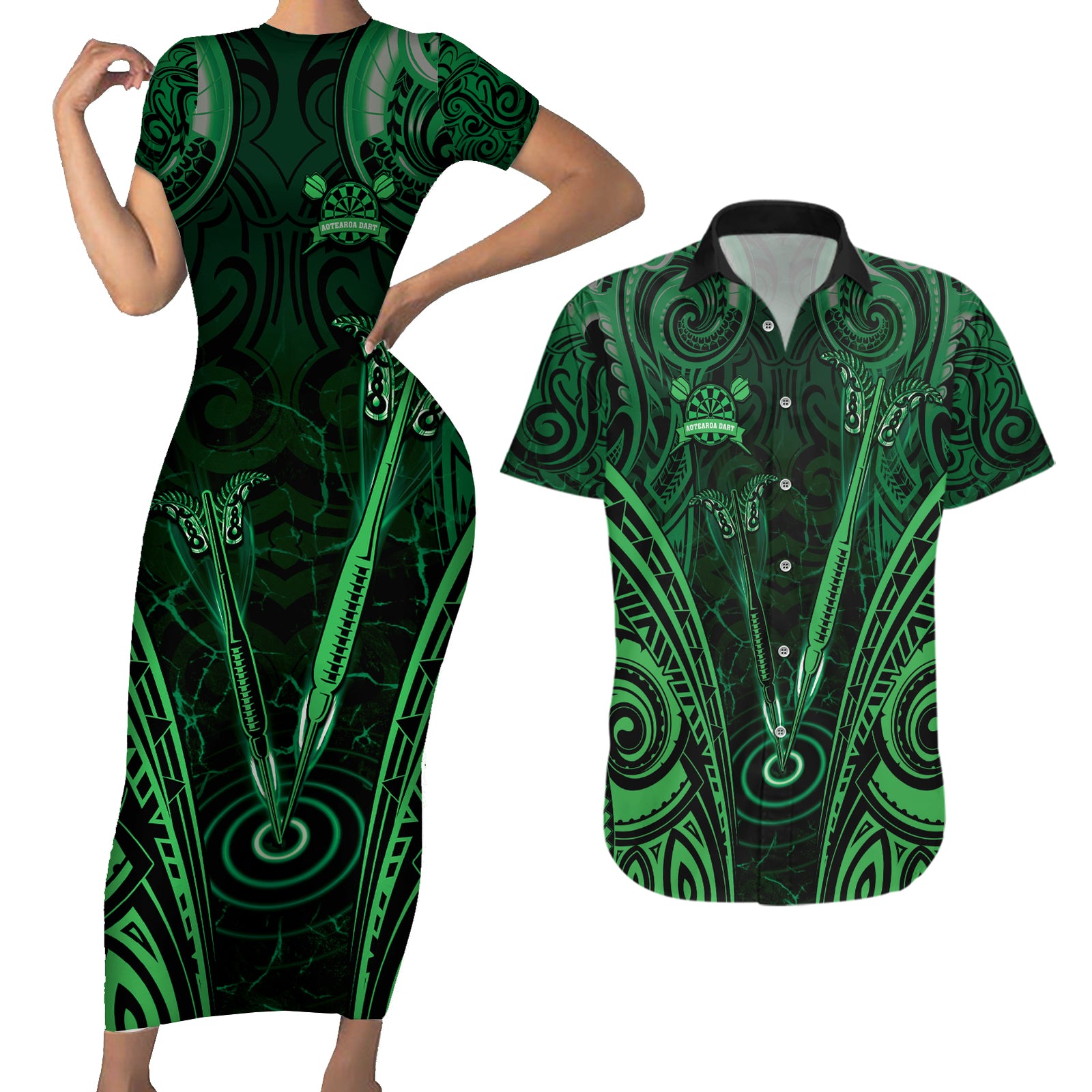 Personalised New Zealand Darts Couples Matching Short Sleeve Bodycon Dress and Hawaiian Shirt Green Dart Board Maori Pattern LT05 Green - Polynesian Pride
