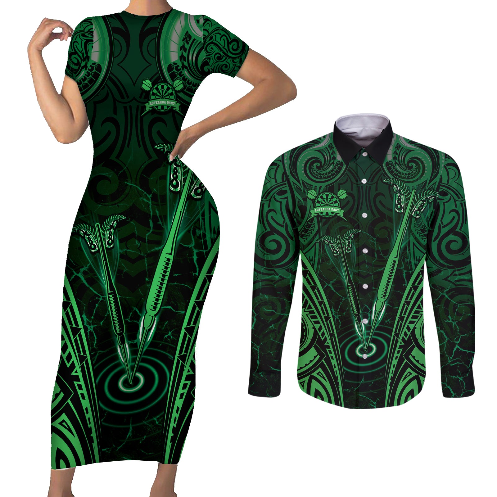 Personalised New Zealand Darts Couples Matching Short Sleeve Bodycon Dress and Long Sleeve Button Shirt Green Dart Board Maori Pattern