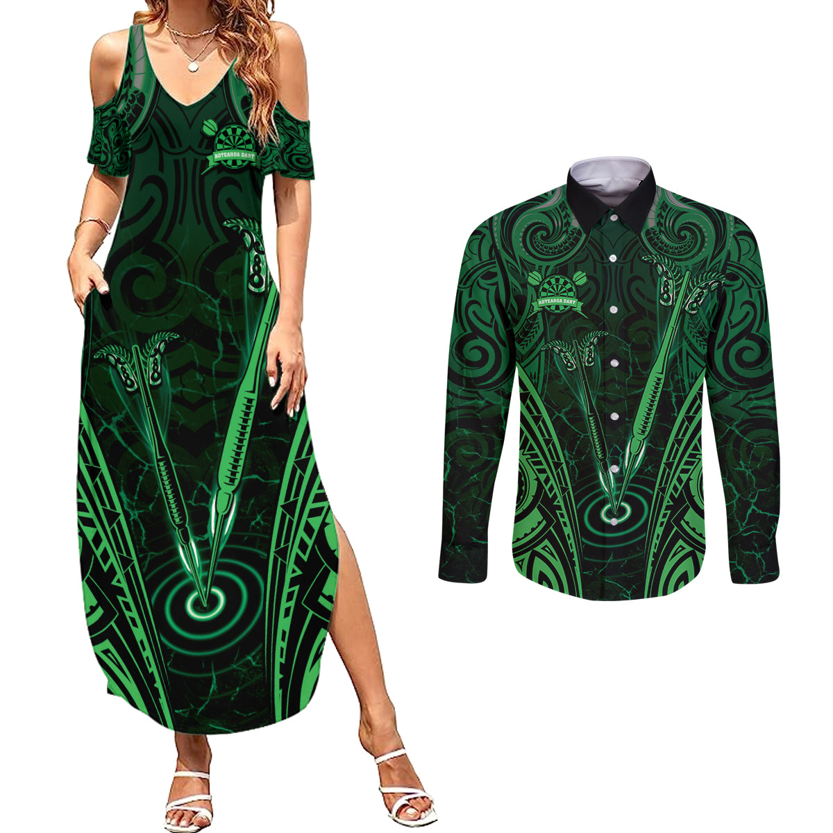 Personalised New Zealand Darts Couples Matching Summer Maxi Dress and Long Sleeve Button Shirt Green Dart Board Maori Pattern