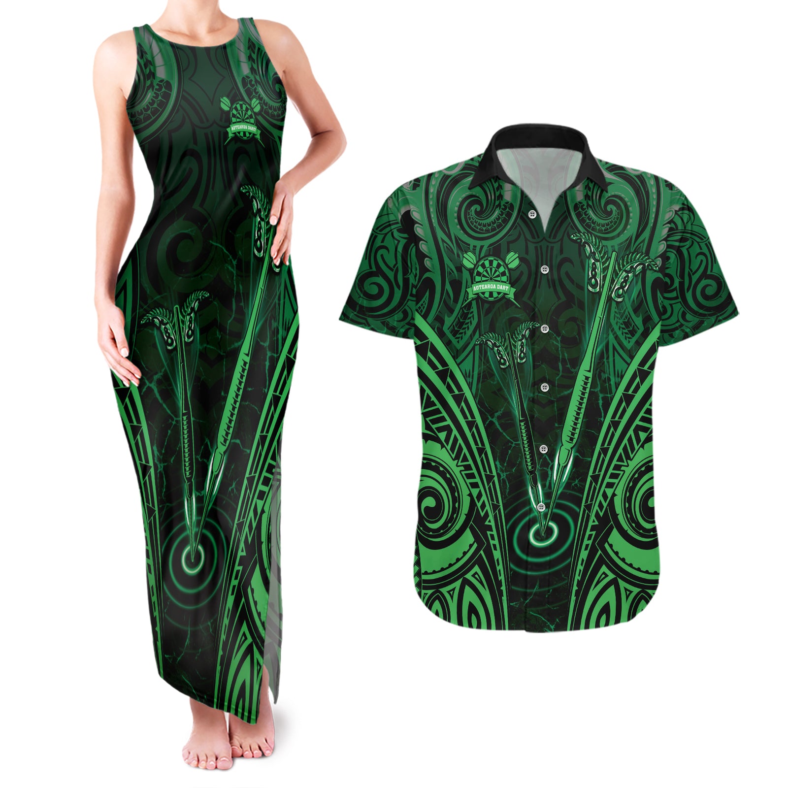 Personalised New Zealand Darts Couples Matching Tank Maxi Dress and Hawaiian Shirt Green Dart Board Maori Pattern LT05 Green - Polynesian Pride