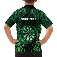 Personalised New Zealand Darts Family Matching Long Sleeve Bodycon Dress and Hawaiian Shirt Green Dart Board Maori Pattern