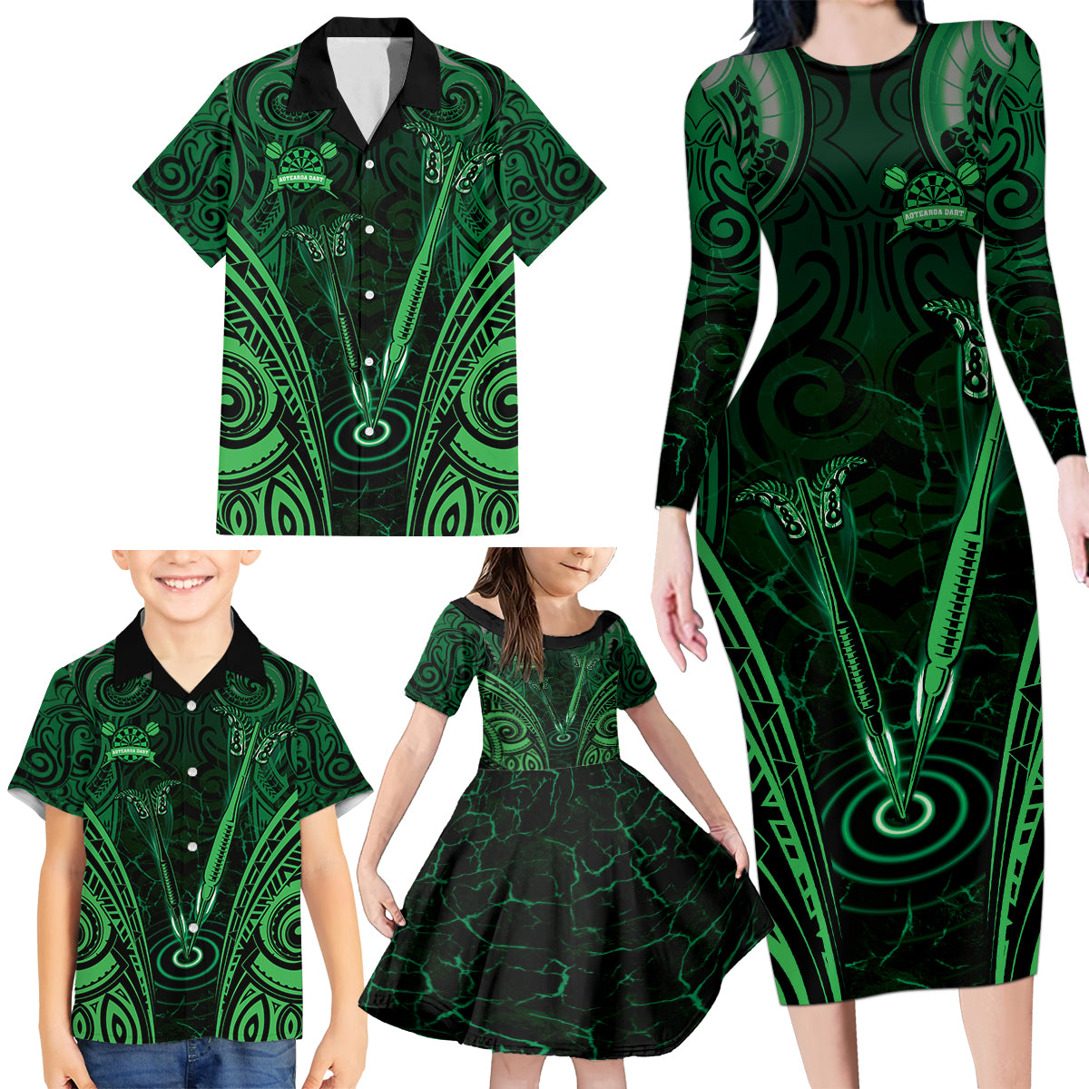 Personalised New Zealand Darts Family Matching Long Sleeve Bodycon Dress and Hawaiian Shirt Green Dart Board Maori Pattern LT05 - Polynesian Pride