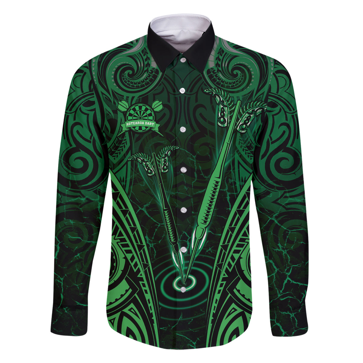 Personalised New Zealand Darts Family Matching Long Sleeve Bodycon Dress and Hawaiian Shirt Green Dart Board Maori Pattern