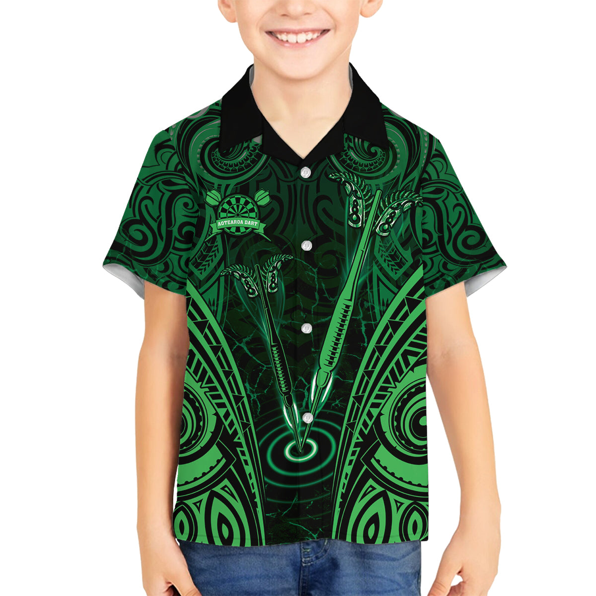 Personalised New Zealand Darts Family Matching Long Sleeve Bodycon Dress and Hawaiian Shirt Green Dart Board Maori Pattern